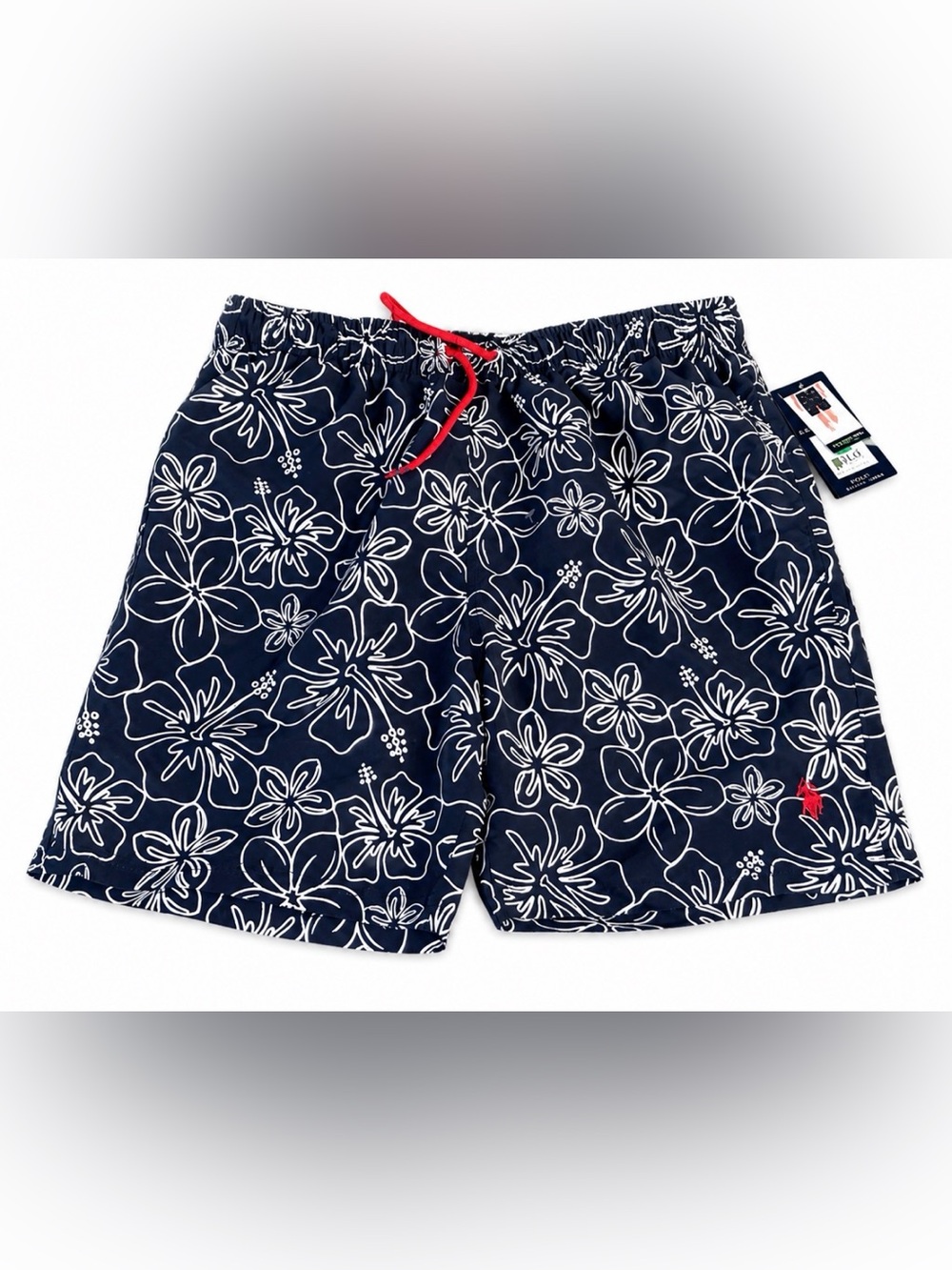 US Polo Assn. Men’s L Swim Trunks-Navy Blue Background W/White Floral Print NWT